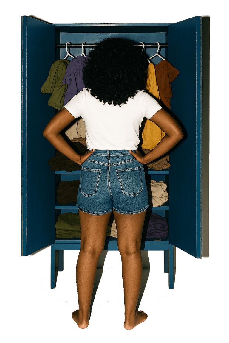 Person with curly hair in white t-shirt and denim shorts standing barefoot with hands on hips facing an open blue wardrobe filled with folded and hanging clothes.