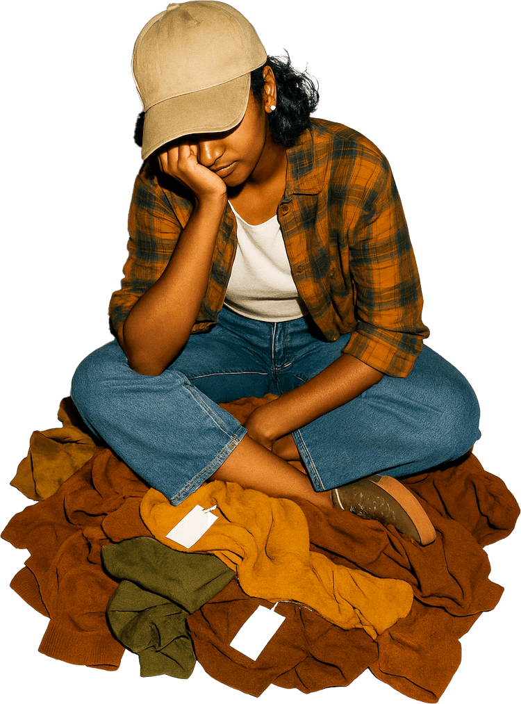 Person wearing a beige cap, orange plaid shirt, white top, and blue jeans sitting cross-legged on a pile of autumn-colored sweaters.