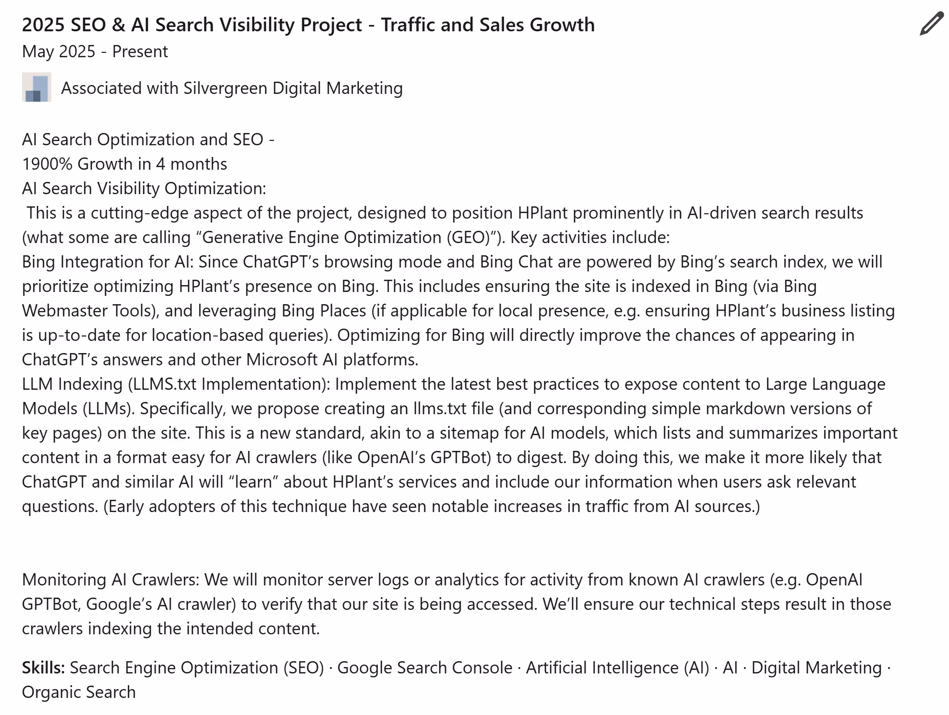 Text detailing the 2025 SEO & AI Search Visibility Project, highlighting AI search optimization with 1900% growth in 4 months, Bing integration, LLM indexing, monitoring AI crawlers, and listing related skills such as SEO and digital marketing.