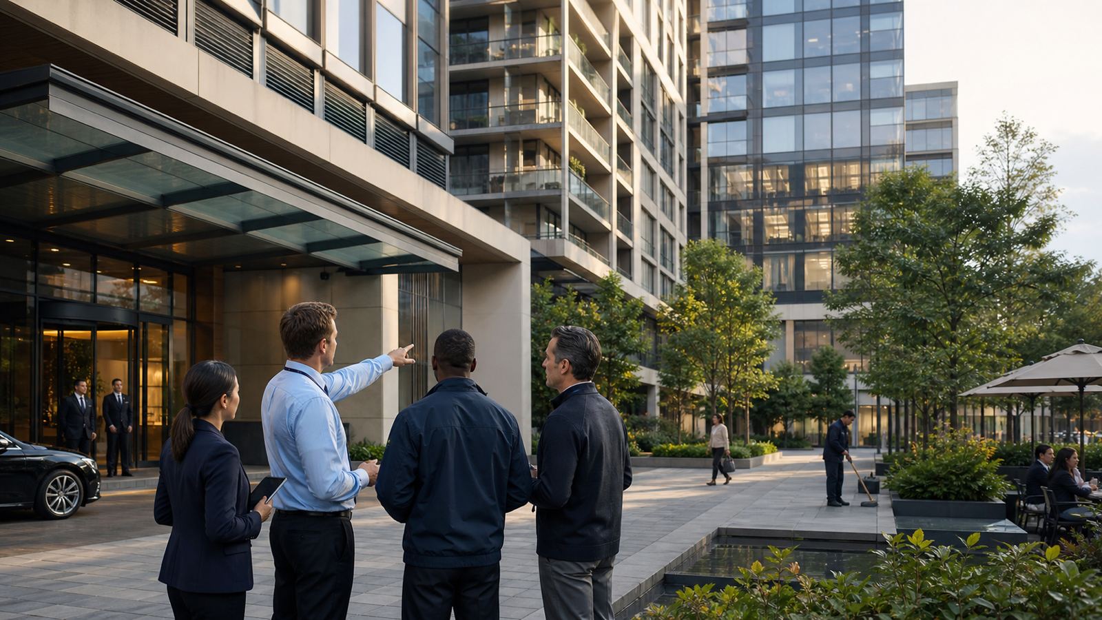 Property operations team coordinating safety across a modern mixed-use development