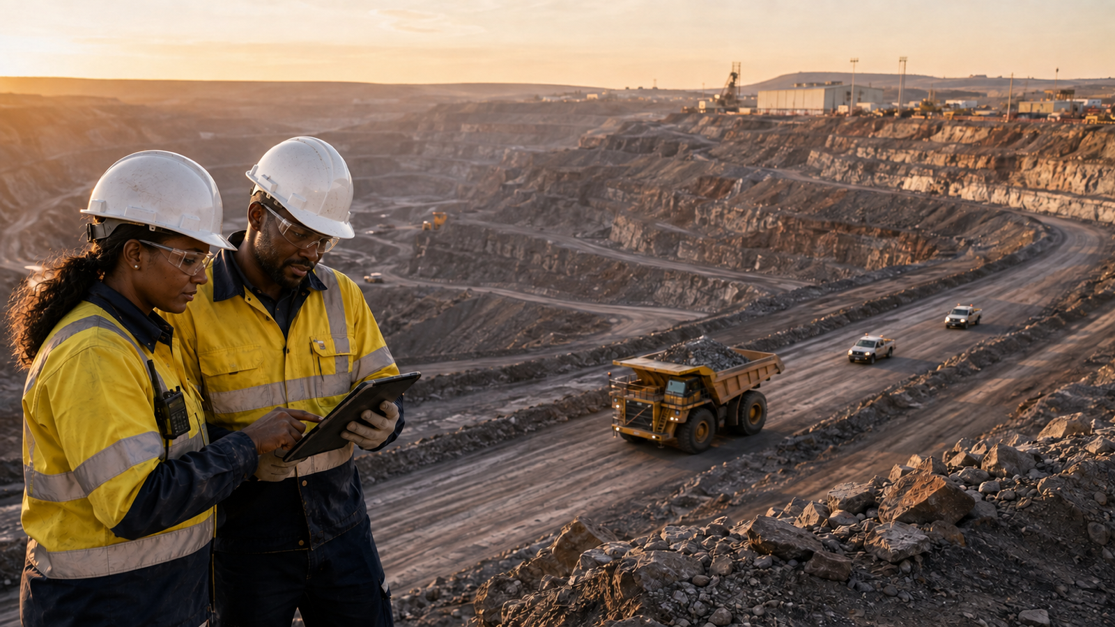 Two mining professionals reviewing operations above an open-pit mine with vehicles on the haul road