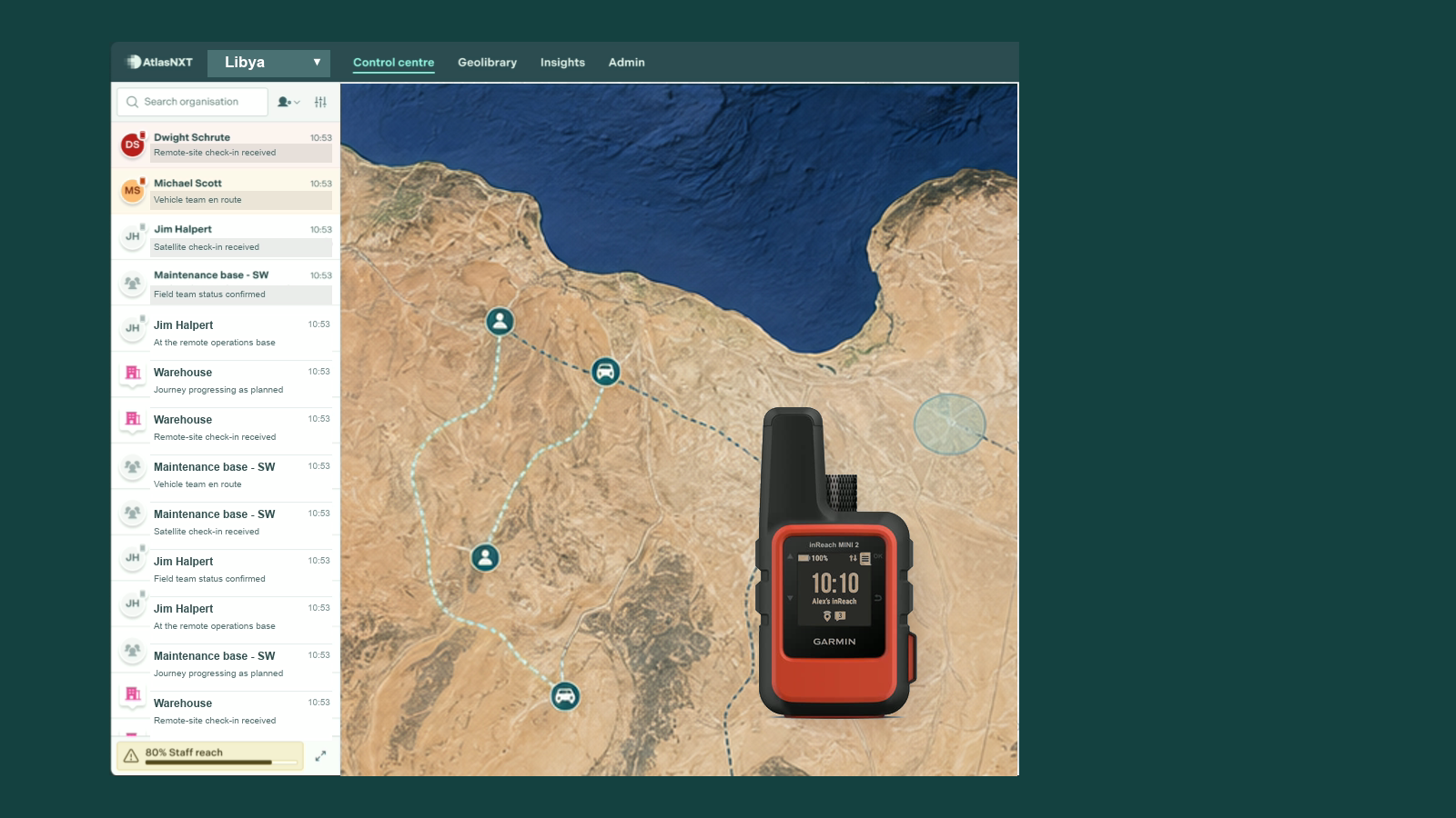 AtlasNXT operational map for Libya with personnel status panel and Garmin inReach Mini 2