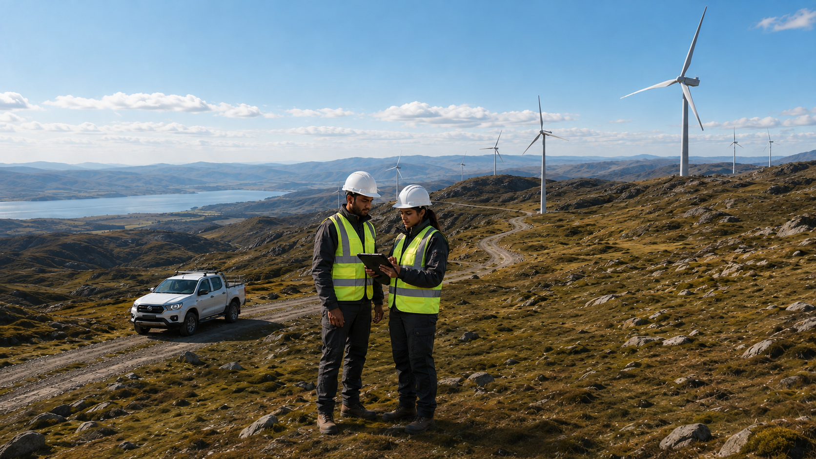 Two Indian wind-energy field professionals reviewing a tablet beside a service vehicle at a remote wind farm