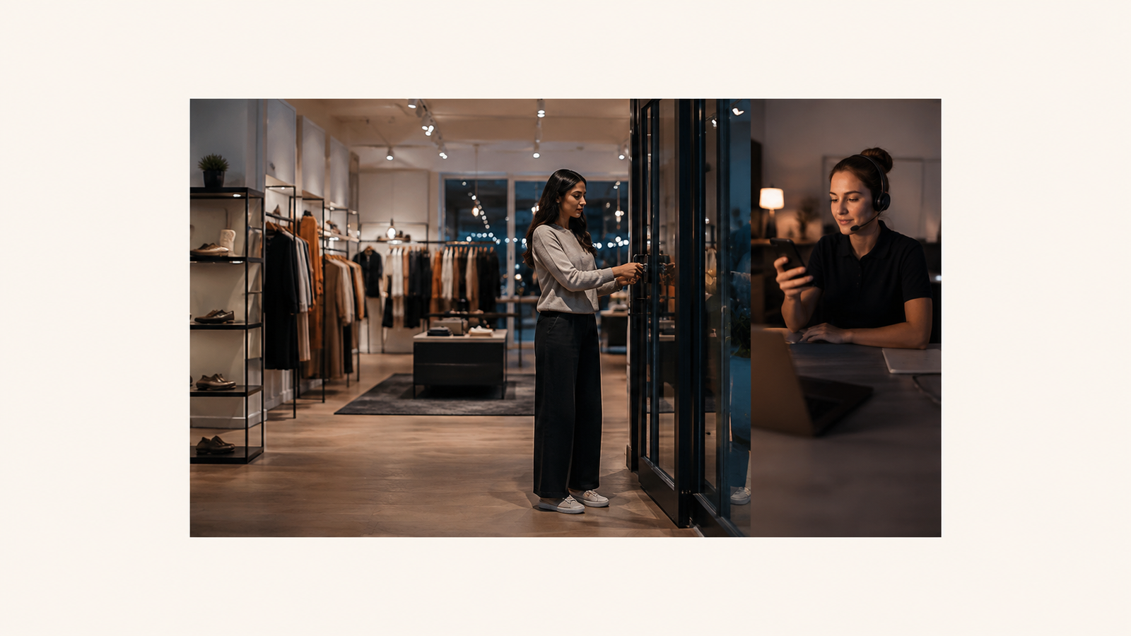Retail employee closing a store while a remote safety professional monitors a mobile check-in