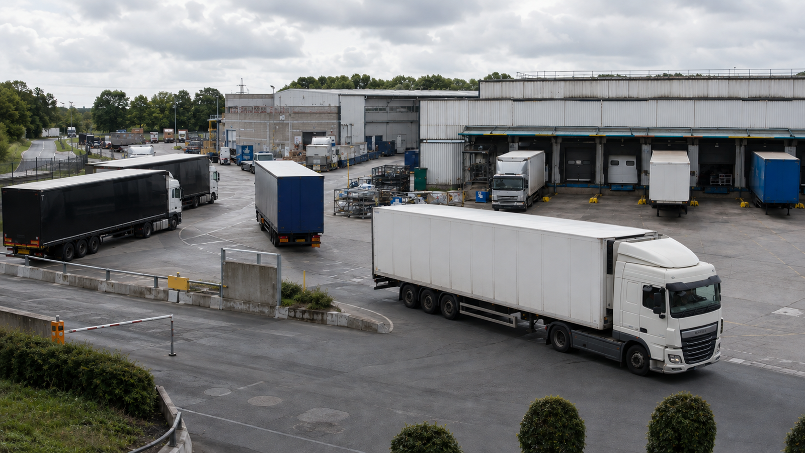 Articulated lorries arriving, departing, and loading at a busy working logistics depot