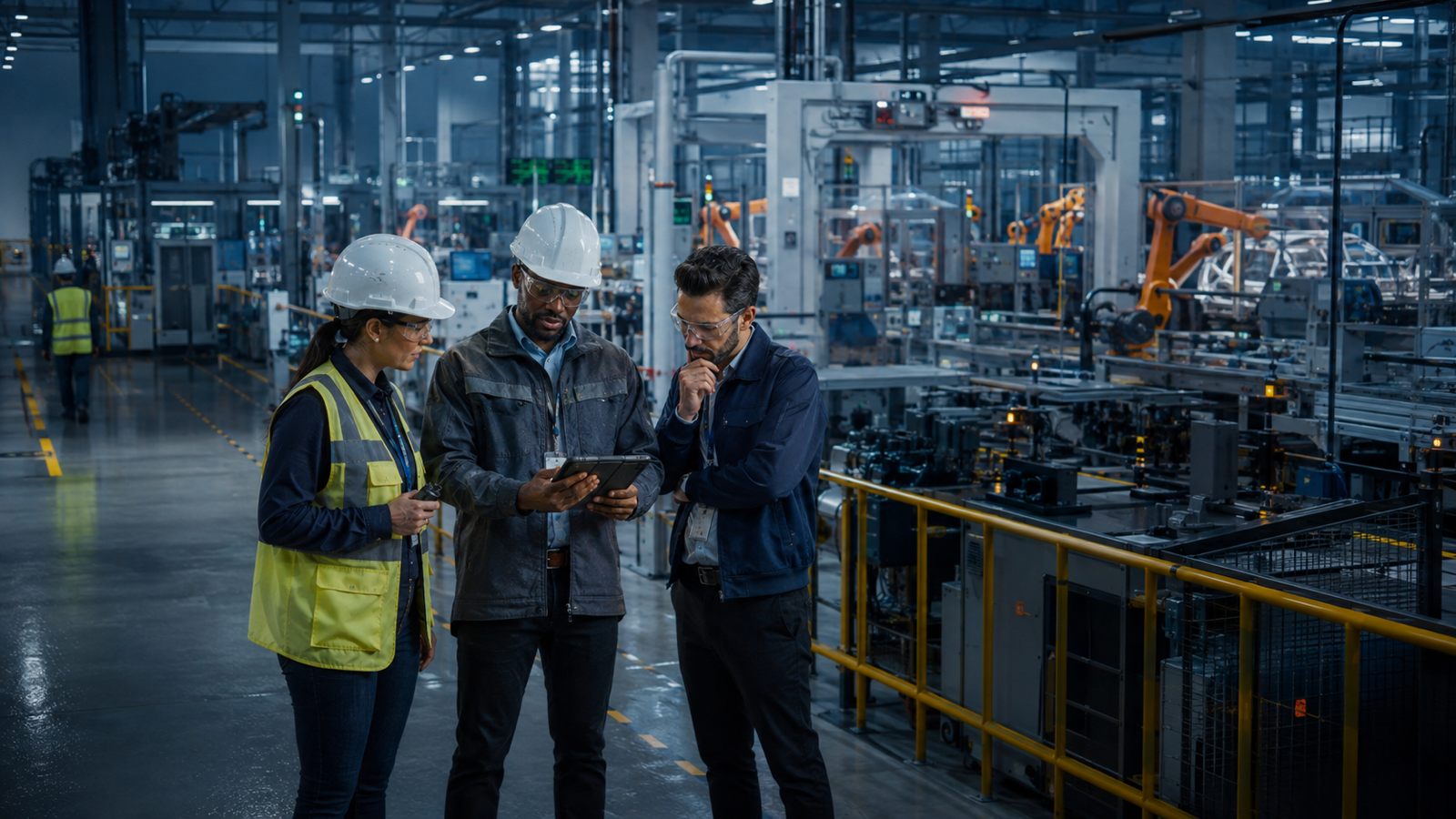 Manufacturing, operations, and cyber specialists coordinating beside an automated production line during an industrial incident