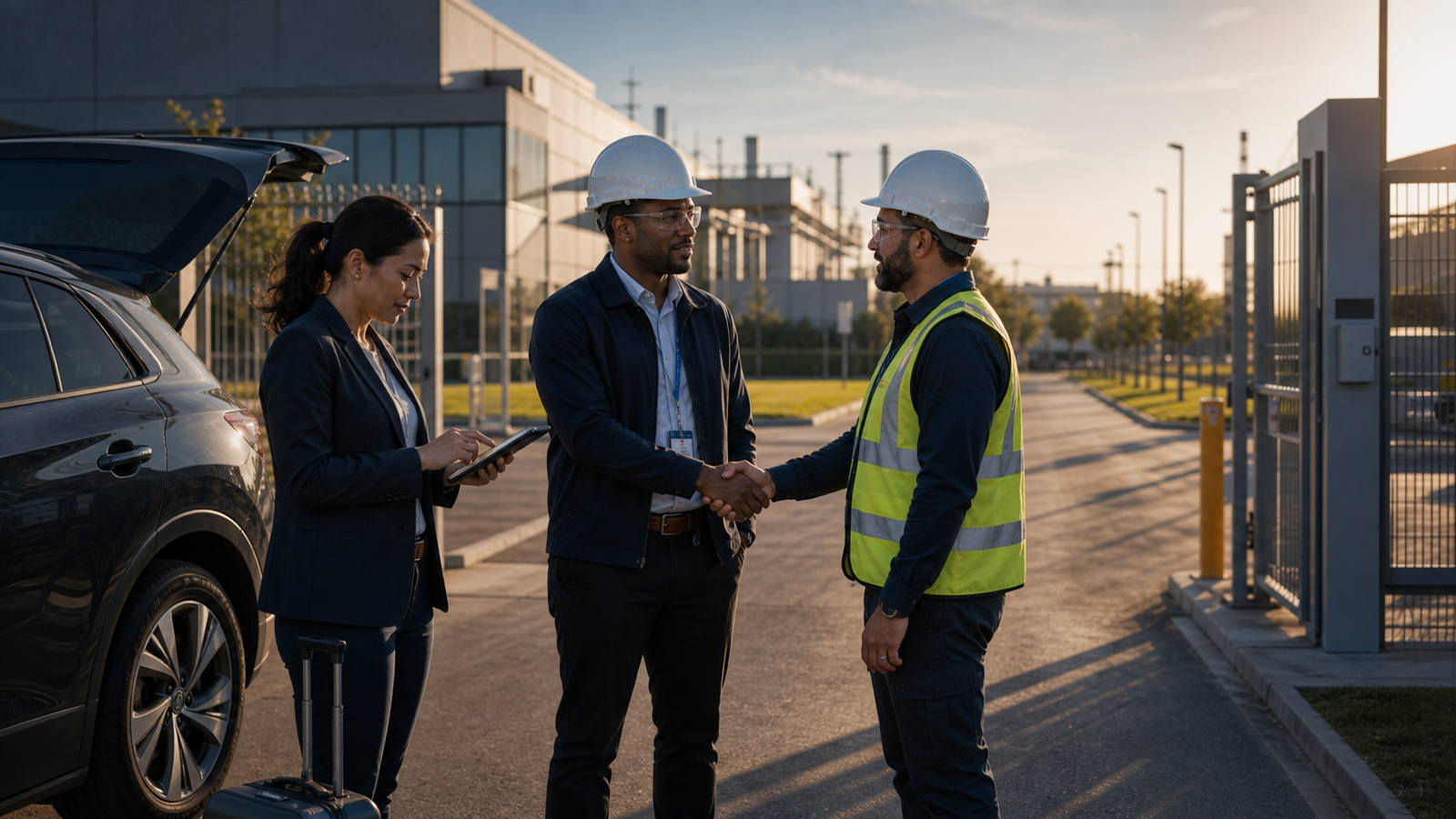 Professional-services consultants meeting a client representative at an industrial site during a business assignment