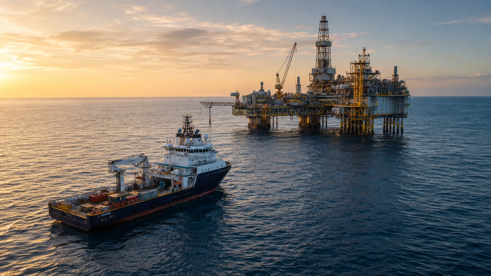 Offshore support vessel positioned beside a production platform at dawn