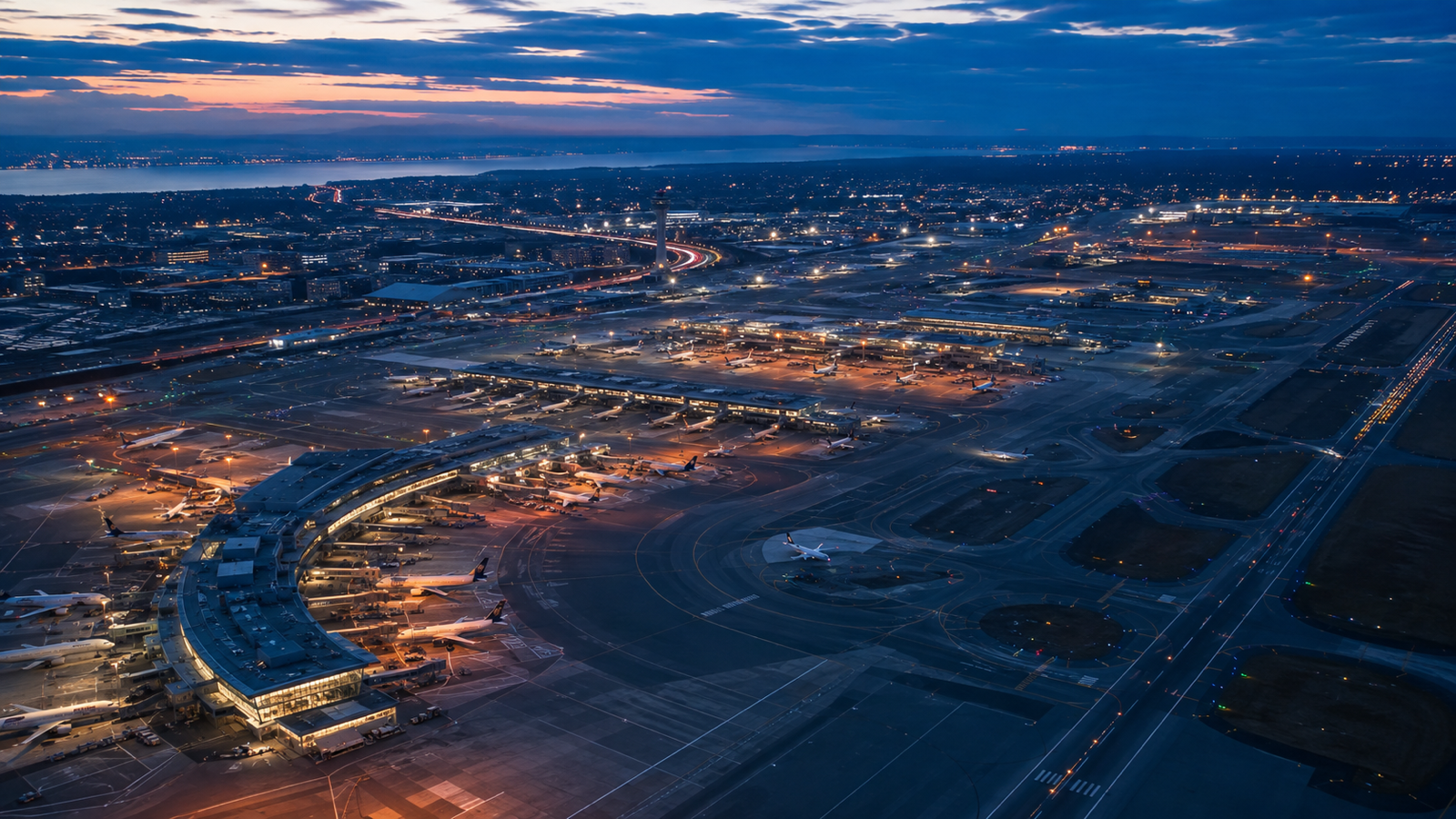 Aerial view of a major international airport and aircraft at blue hour