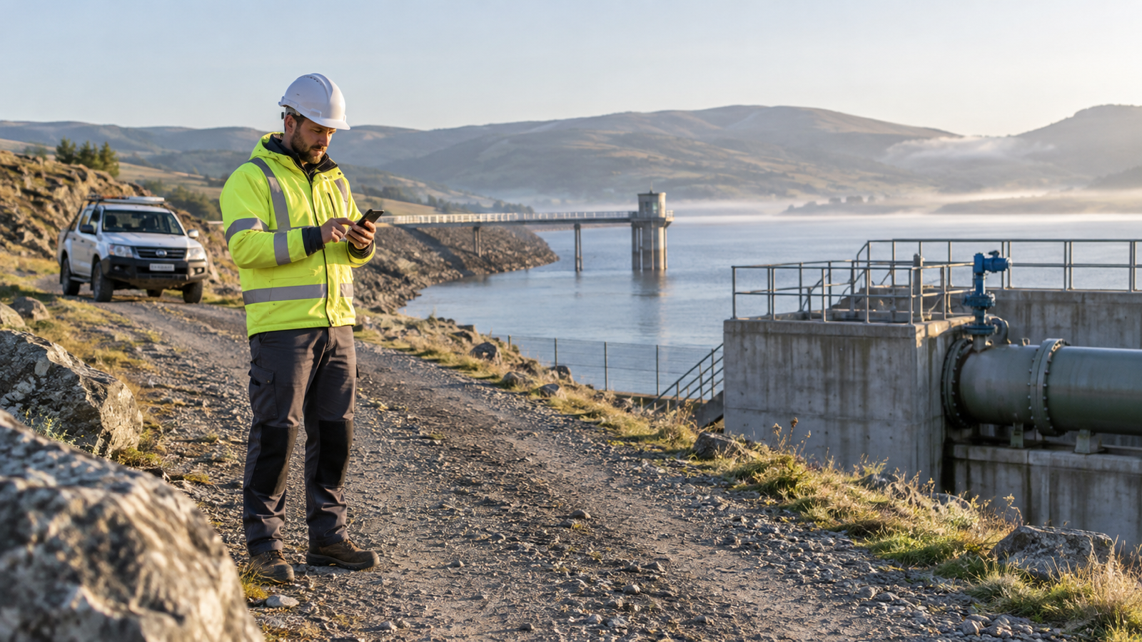 Field engineer voluntarily checking in before remote work at a water-infrastructure site