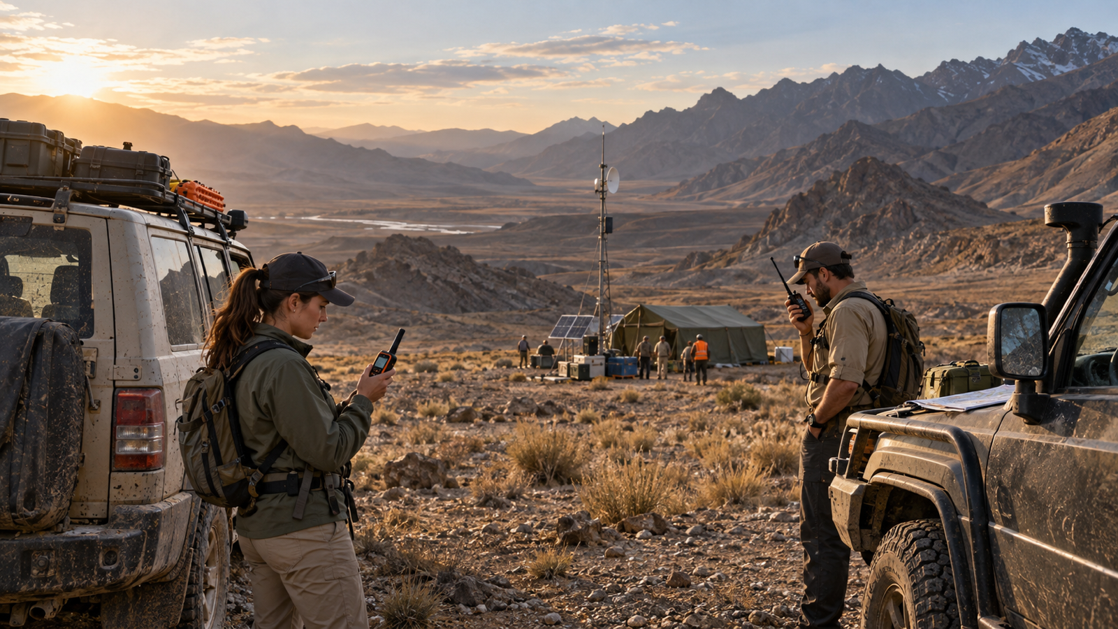 Remote field team using satellite and radio communications beyond cellular coverage