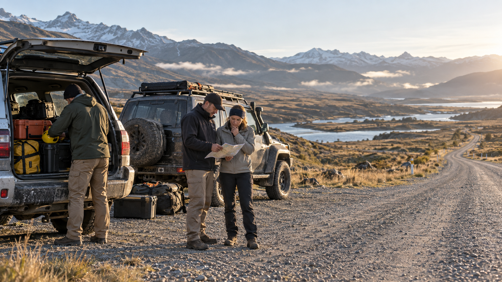 Field team reviewing a route plan beside two vehicles before a remote journey