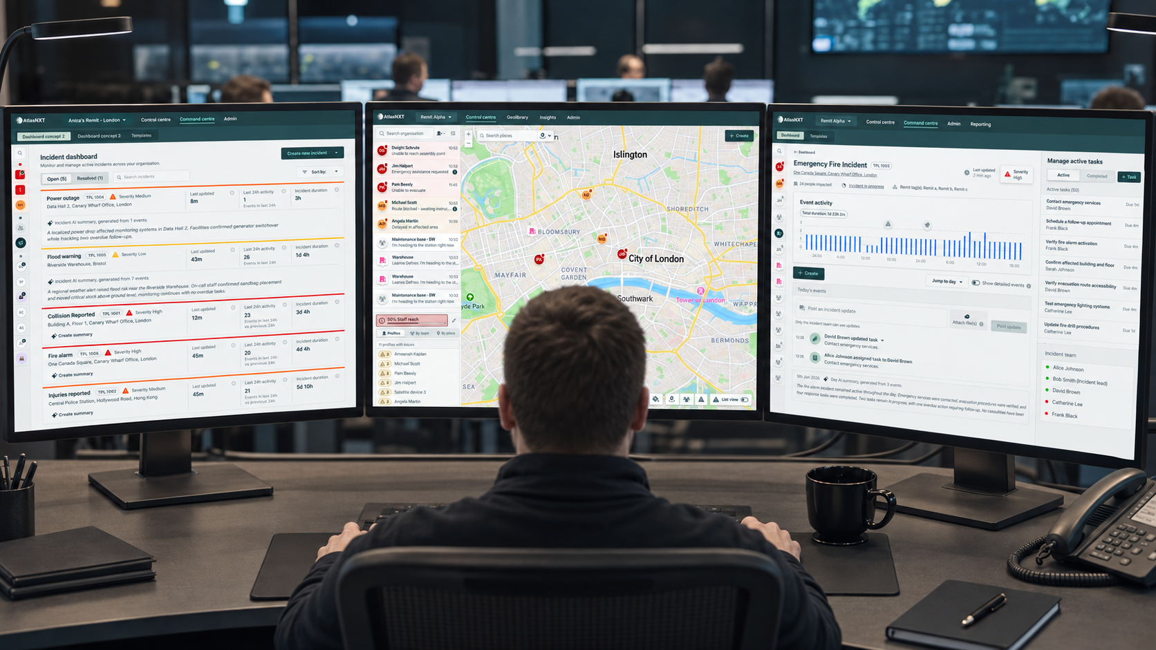 GSOC analyst monitoring AtlasNXT mapping, incident management and operational information across three workstation screens