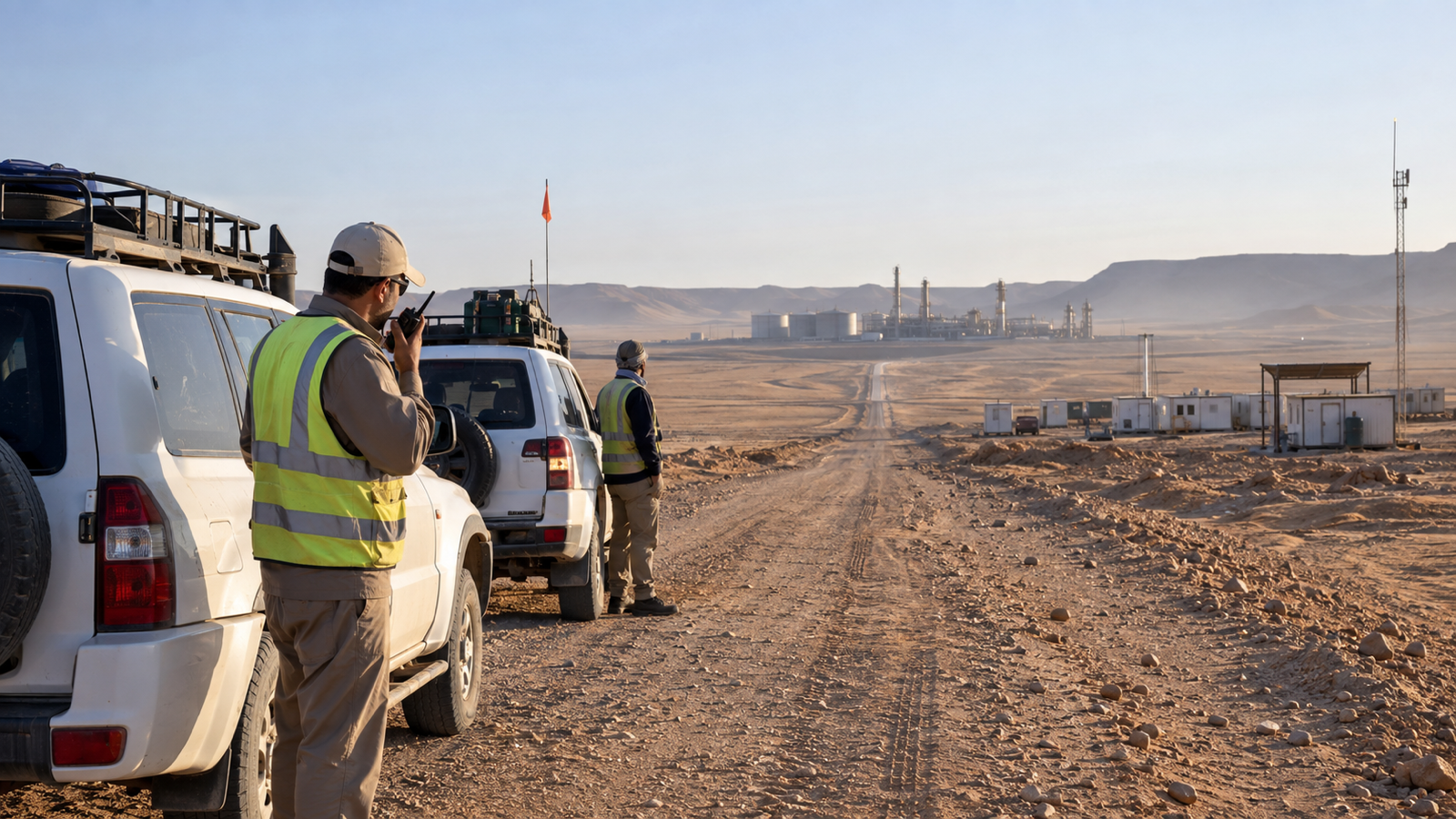 Libyan field team preparing vehicles and communications for a remote industrial journey