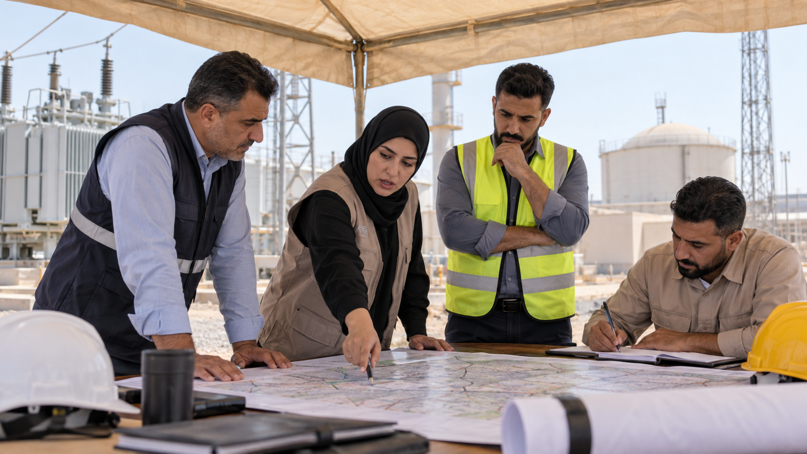 Iraqi infrastructure leaders coordinating actions around a paper map at an industrial site
