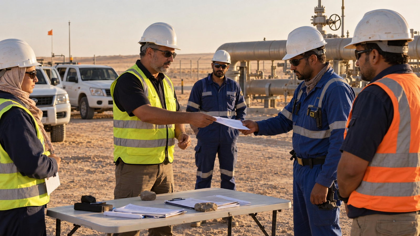 Libyan field supervisor handing an action sheet to a contractor lead at a pipeline facility