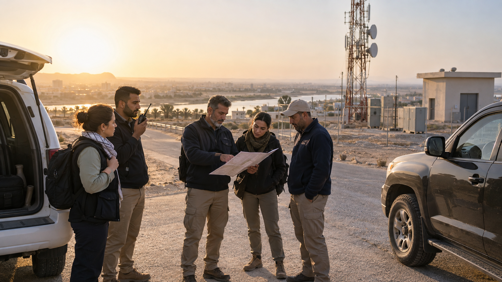 Iraqi field team reviewing a route plan and testing radio communications before dispersed work