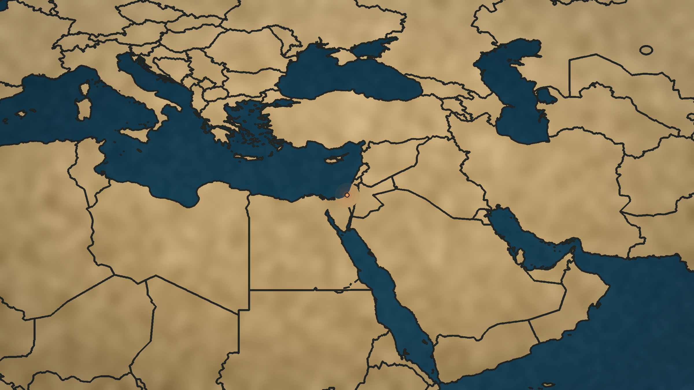 Map of the Middle East centred on Gaza, with country borders shown in bold