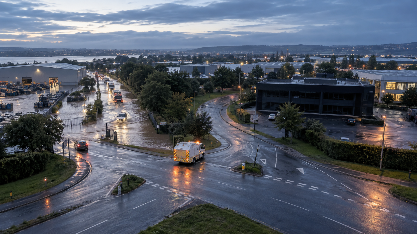 Aerial view of a flooded depot road and a darkened facility, with one response vehicle at the junction between them