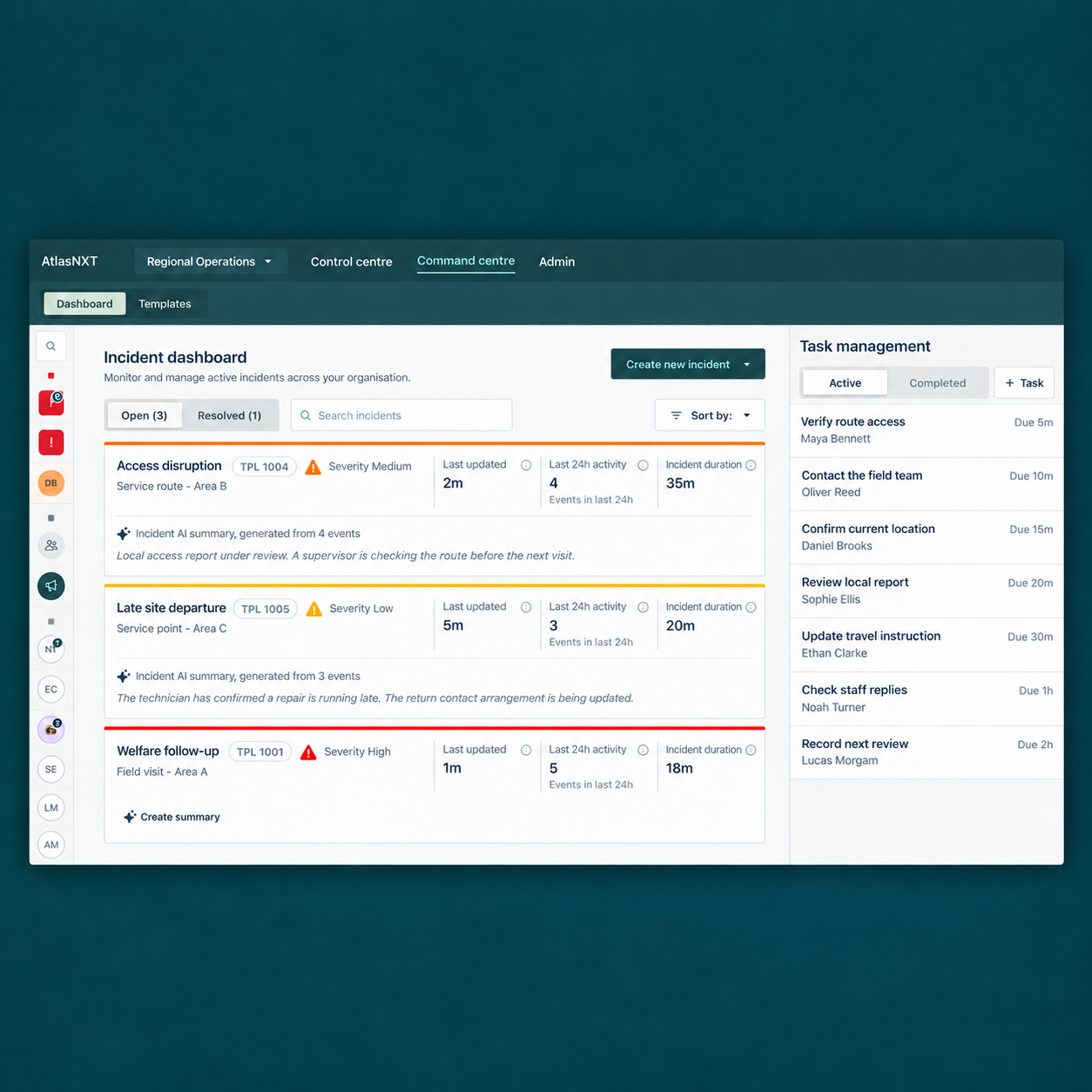 Illustrative AtlasNXT dashboard showing access disruption, a late departure, and a welfare follow-up