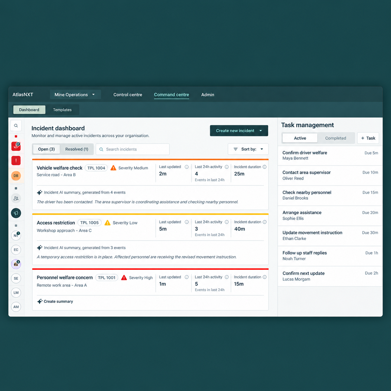 Illustrative AtlasNXT mining dashboard showing three incidents and assigned response tasks