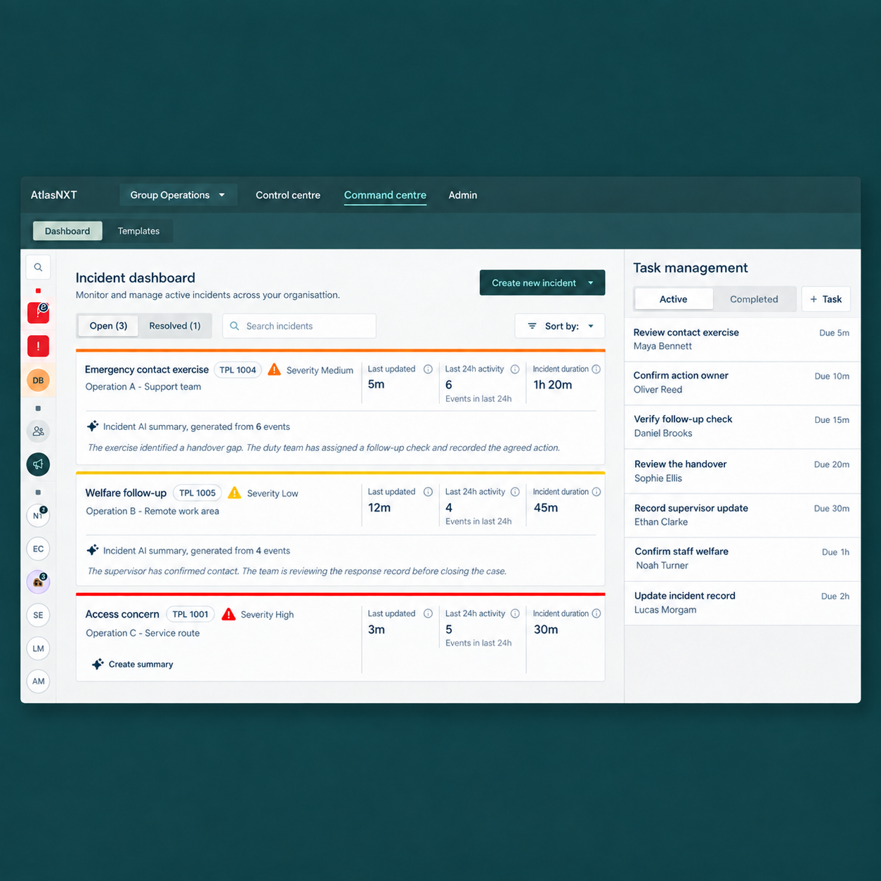 Illustrative AtlasNXT multi-incident dashboard supporting oversight of mining operations