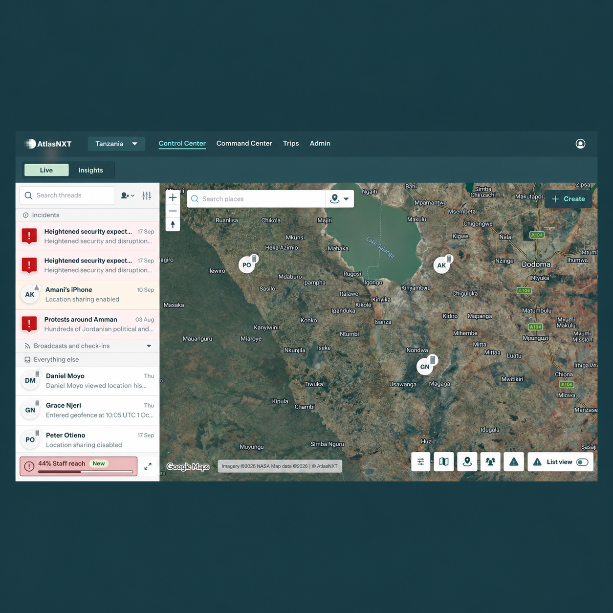 Illustrative AtlasNXT tracking view for remote energy sites, with fictional names and location markers