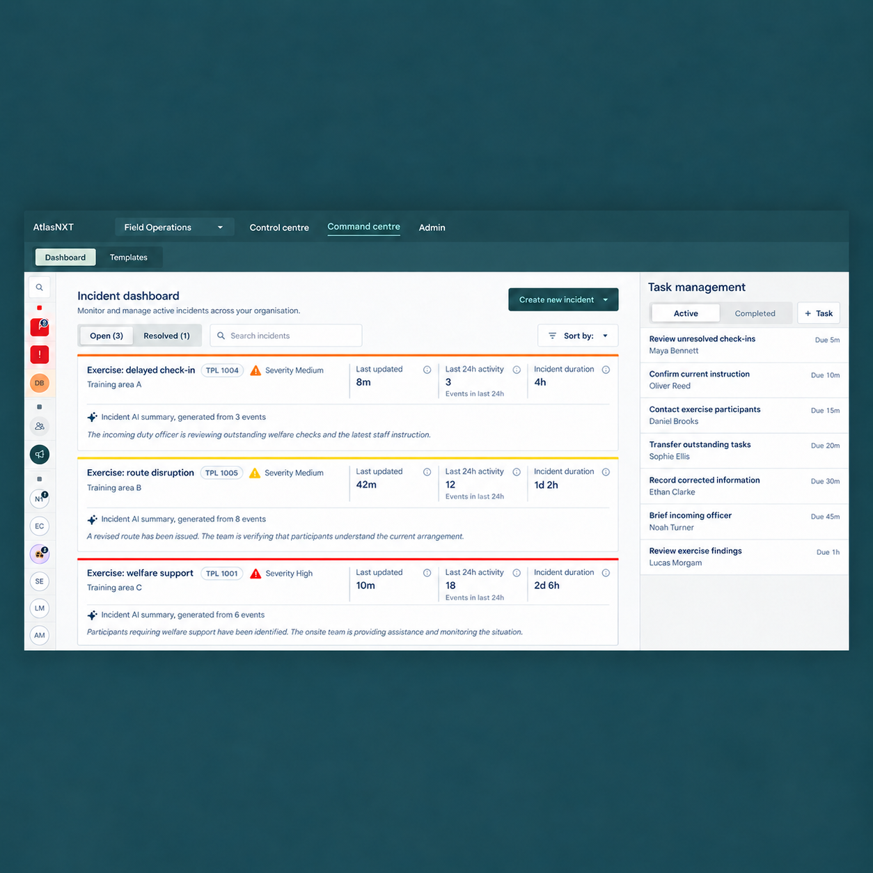 AtlasNXT Incident Dashboard showing a staff-accountability exercise with delayed check-ins, route disruption, welfare support, and assigned follow-up tasks.