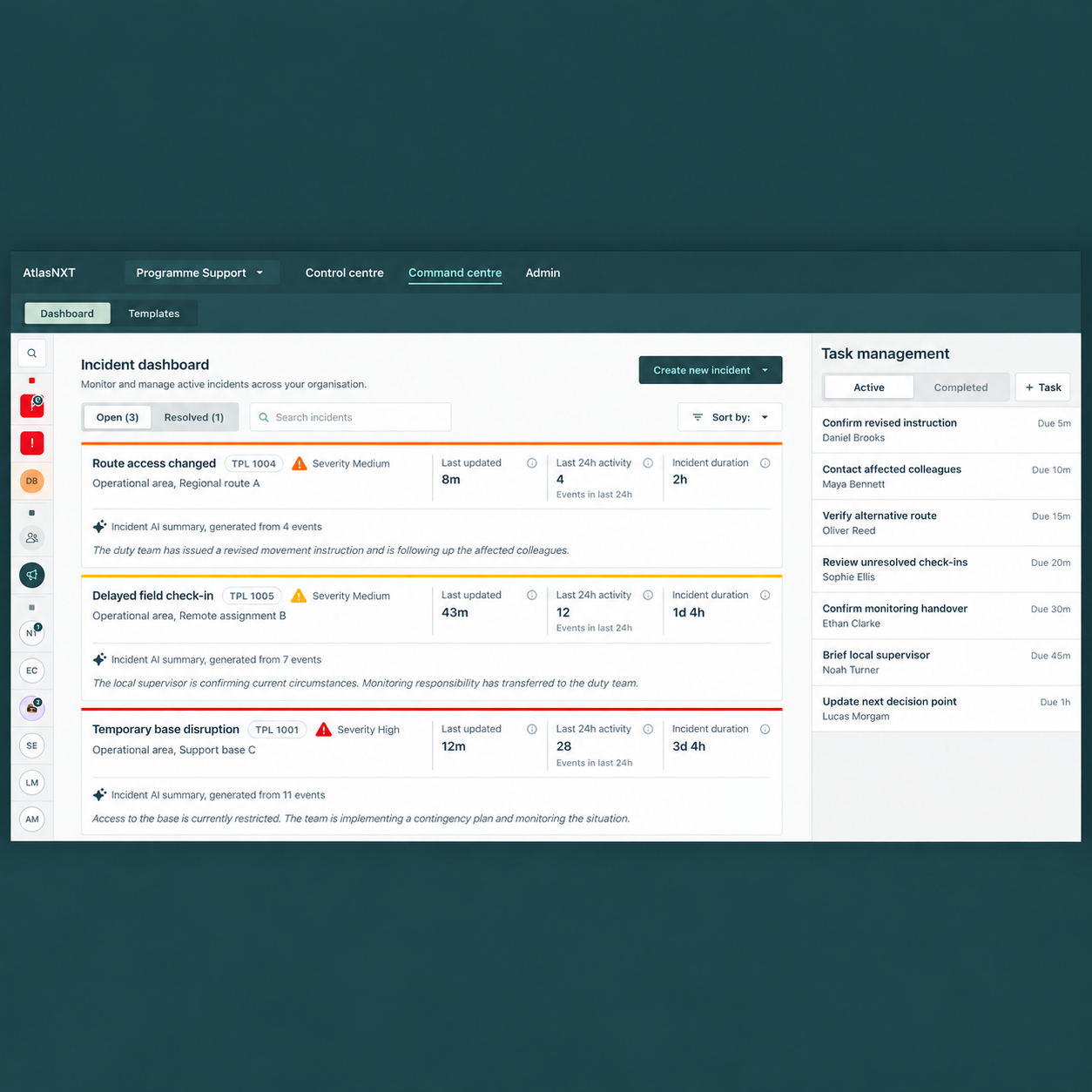 AtlasNXT Incident Dashboard showing route changes, a delayed field check-in, a temporary base disruption, and assigned tasks using illustrative data.