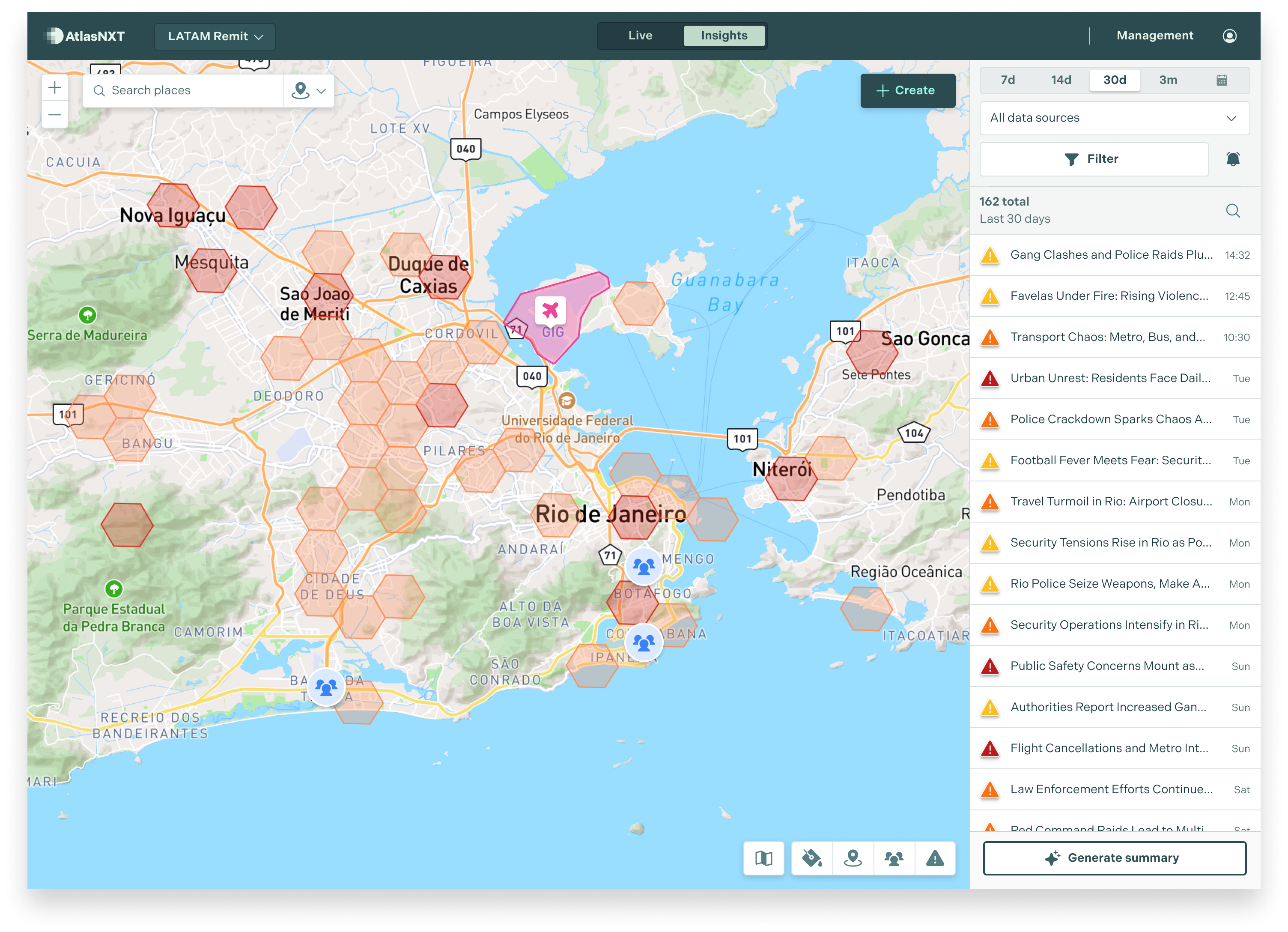 AtlasNXT security intelligence hexmap with street basemap and intelligence feed