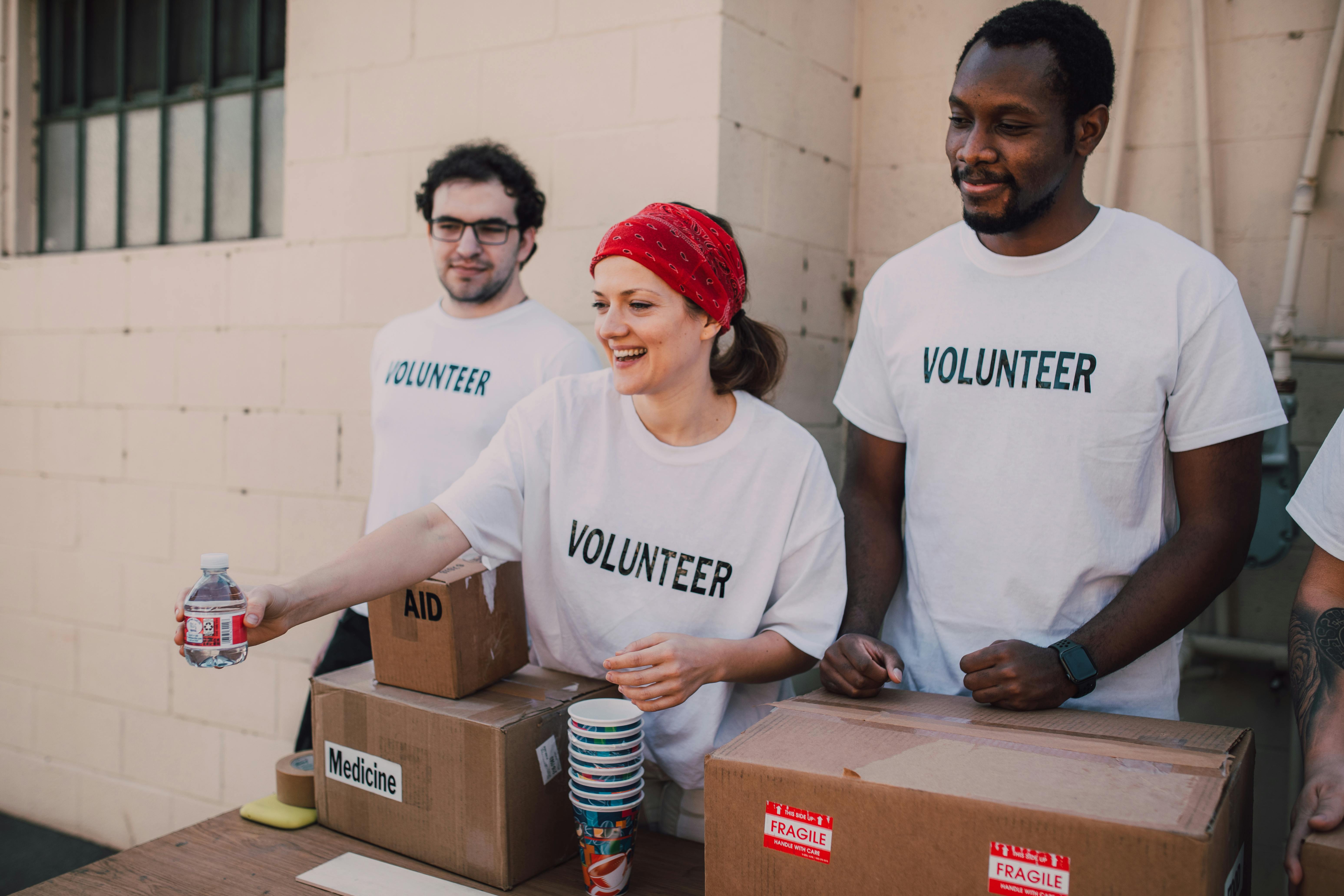 Volunteers organising supplies for distribution.