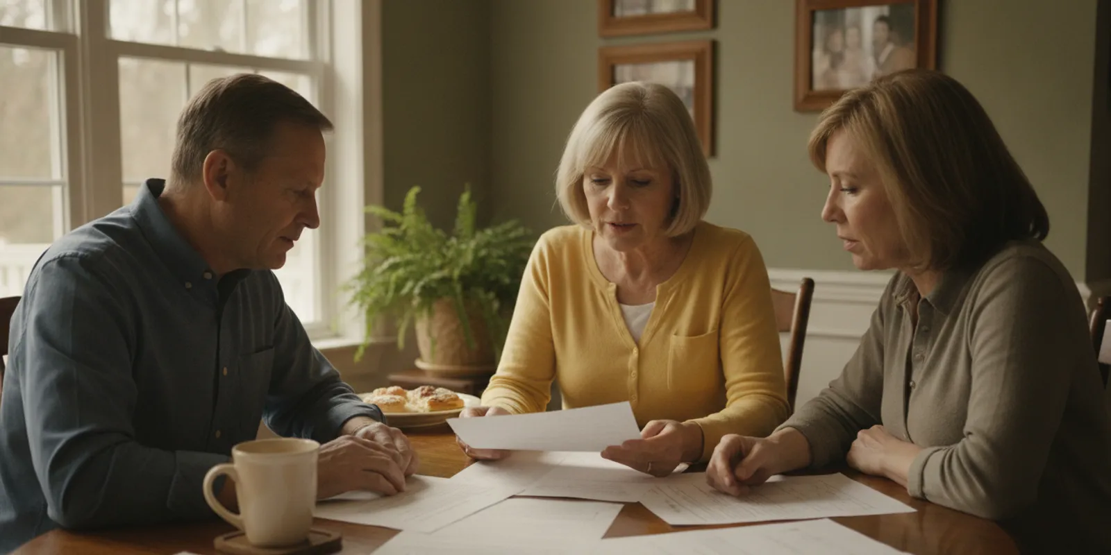 Family members calmly reviewing documents at a kitchen table after a loss