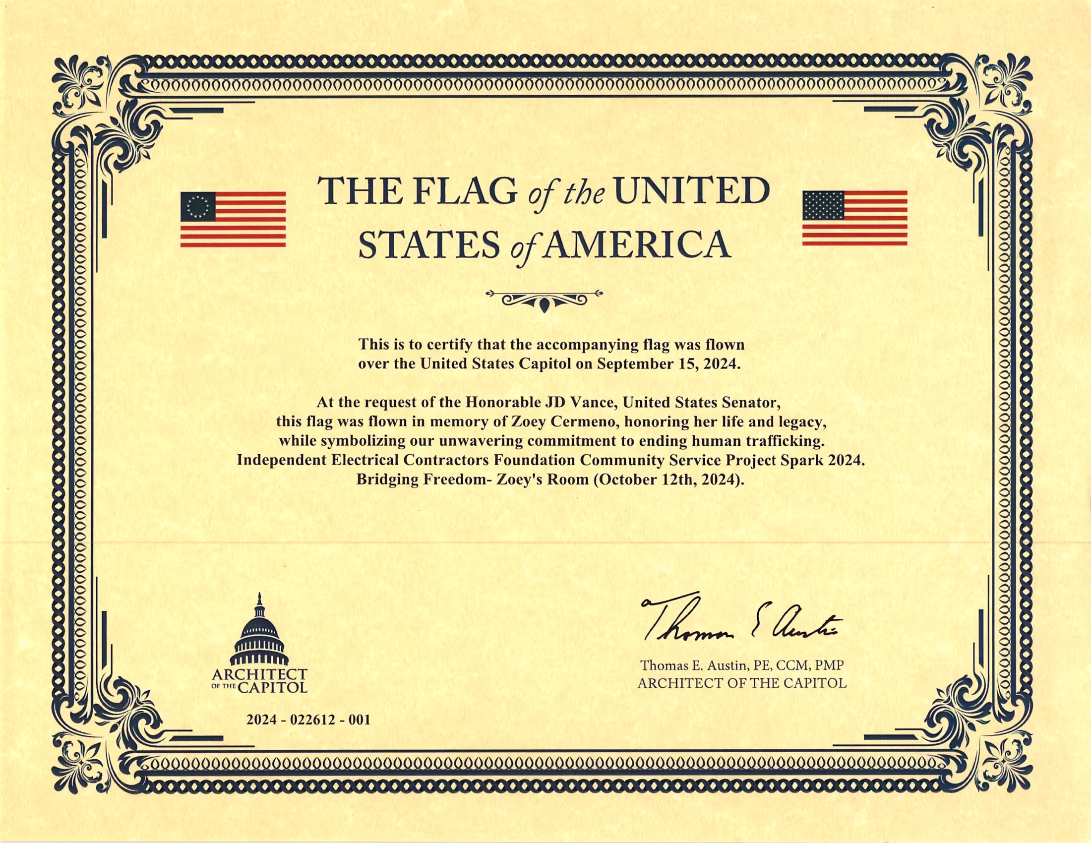Certificate of flag flown in memory of Zoey Cermeno, honoring her life and legacy