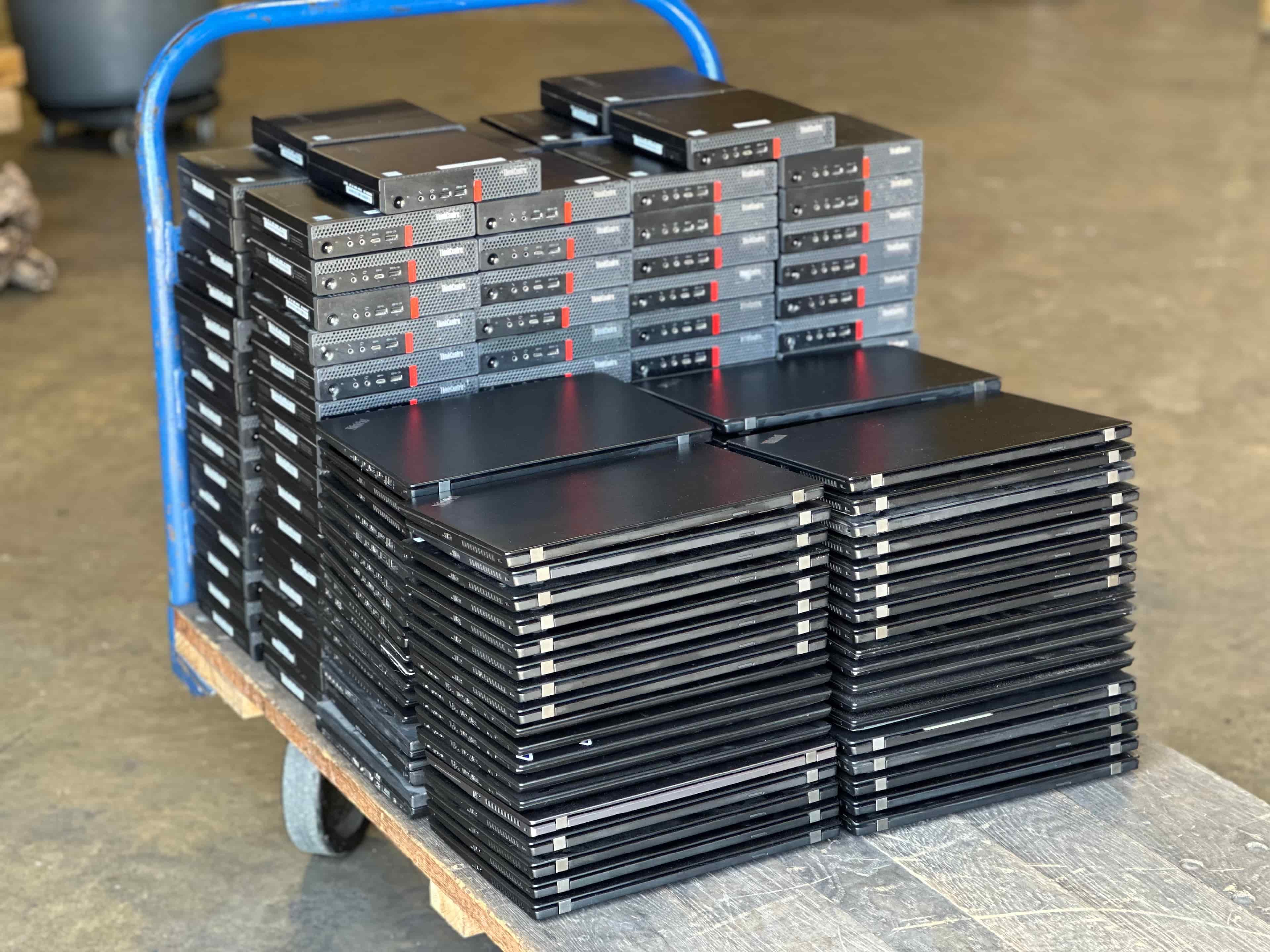 Handcart carrying modems, servers, and laptops