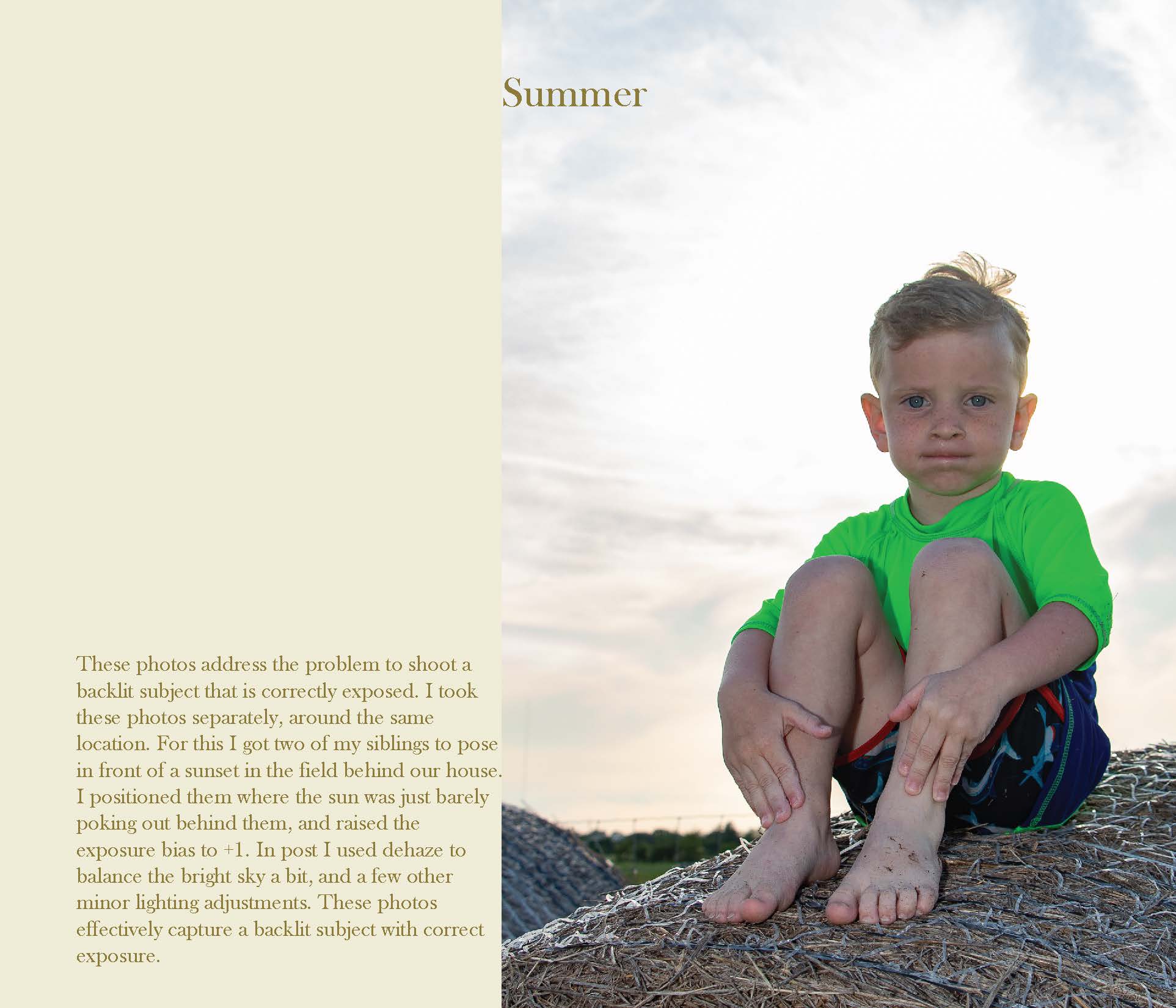 little boy sitting on a haybale with the sun shining in the background