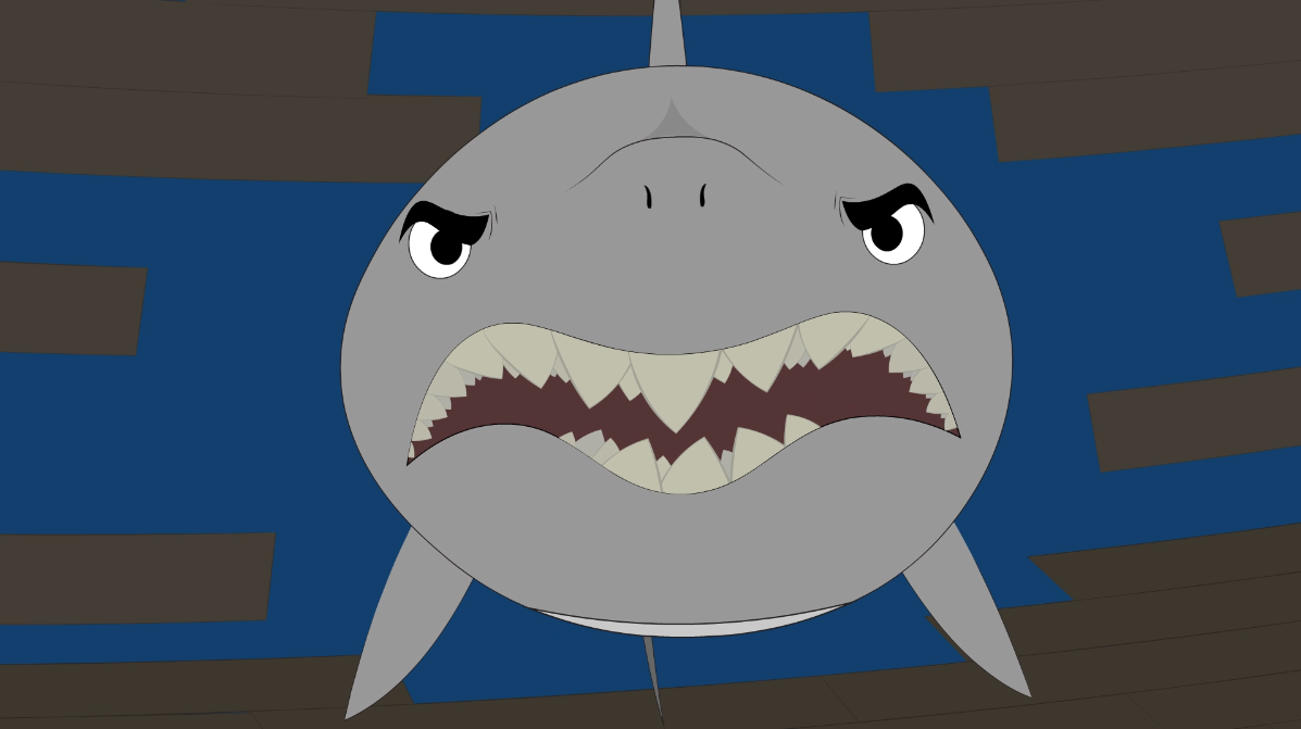 cartoon shark breaking into shipwreck
