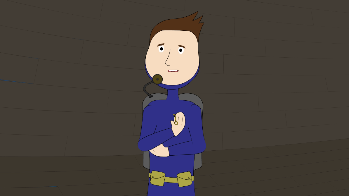 cartoon diver inside ship underwater