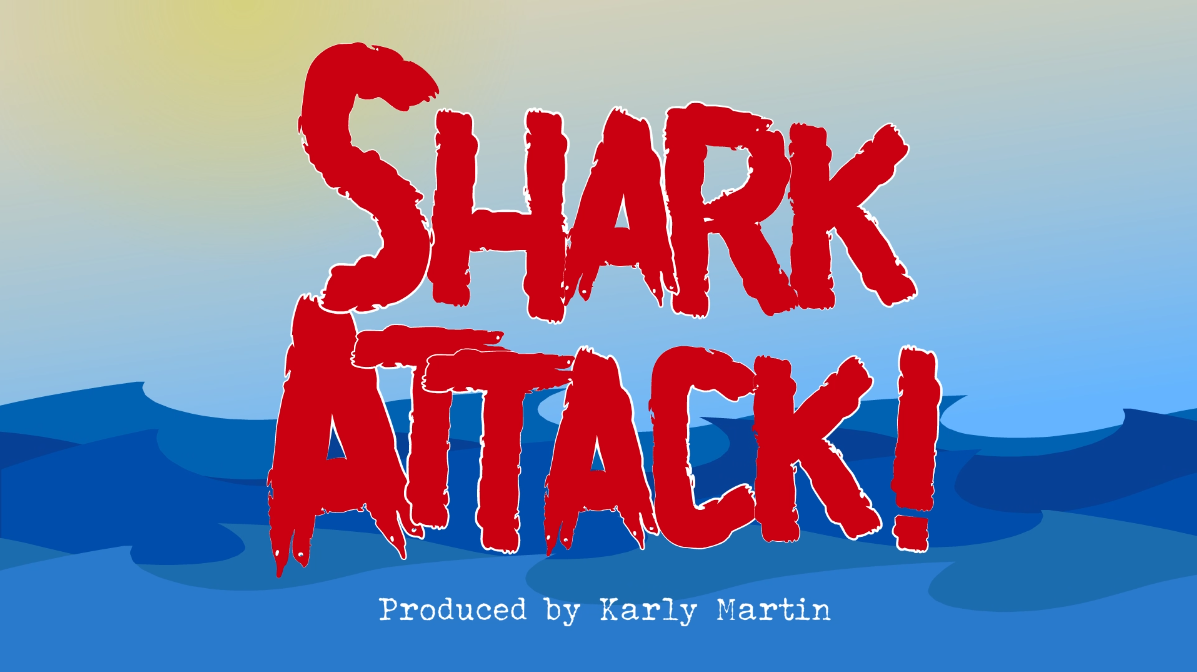 title card reading shark attack in big red letters over an ocean surface scene