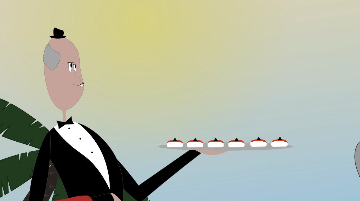 cartoon waiter holding tray of sushi