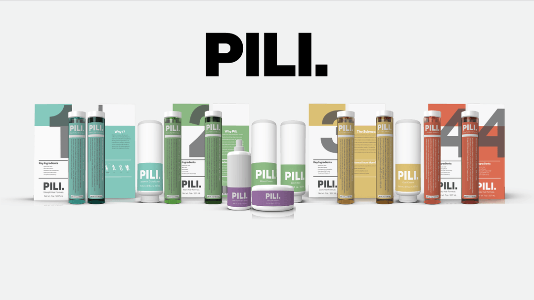 An array of hair products organized by colors: teal, green, yellow, red, and purple. A title at the top says PILI