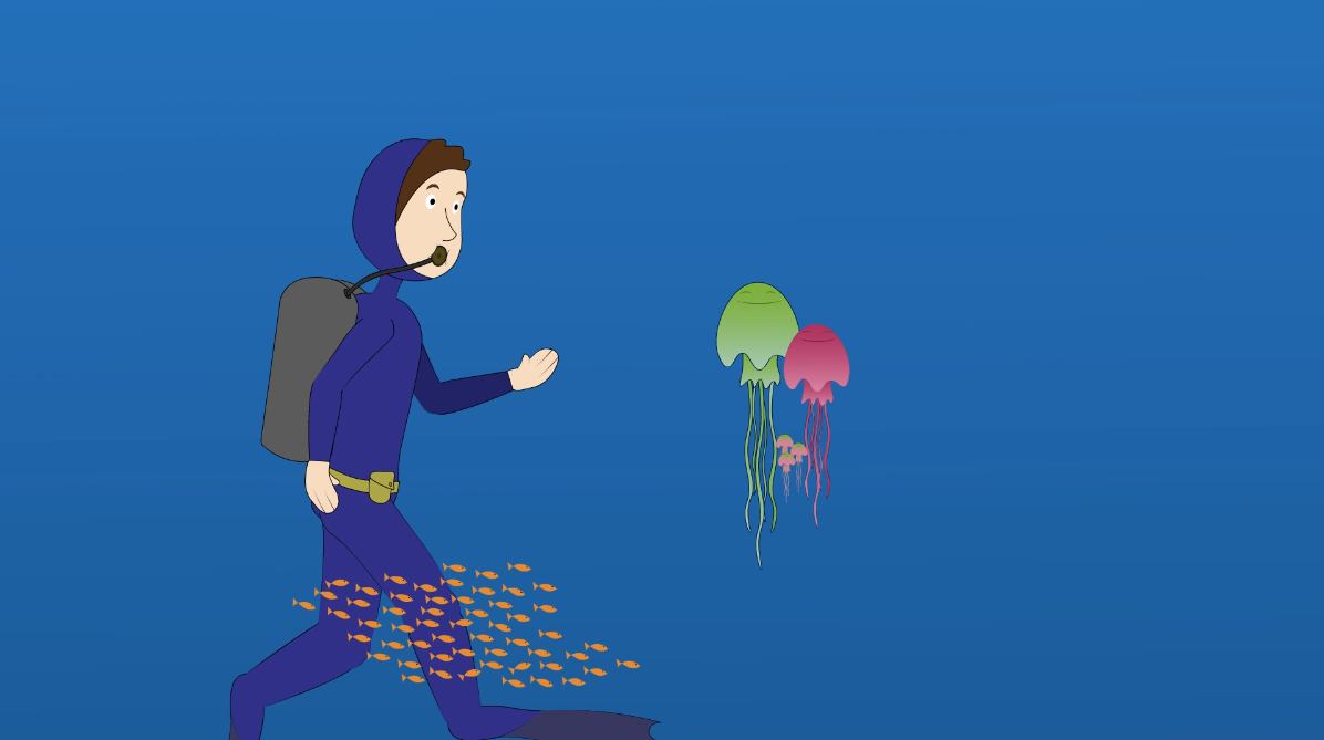 cartoon diver underwater watching jellyfish