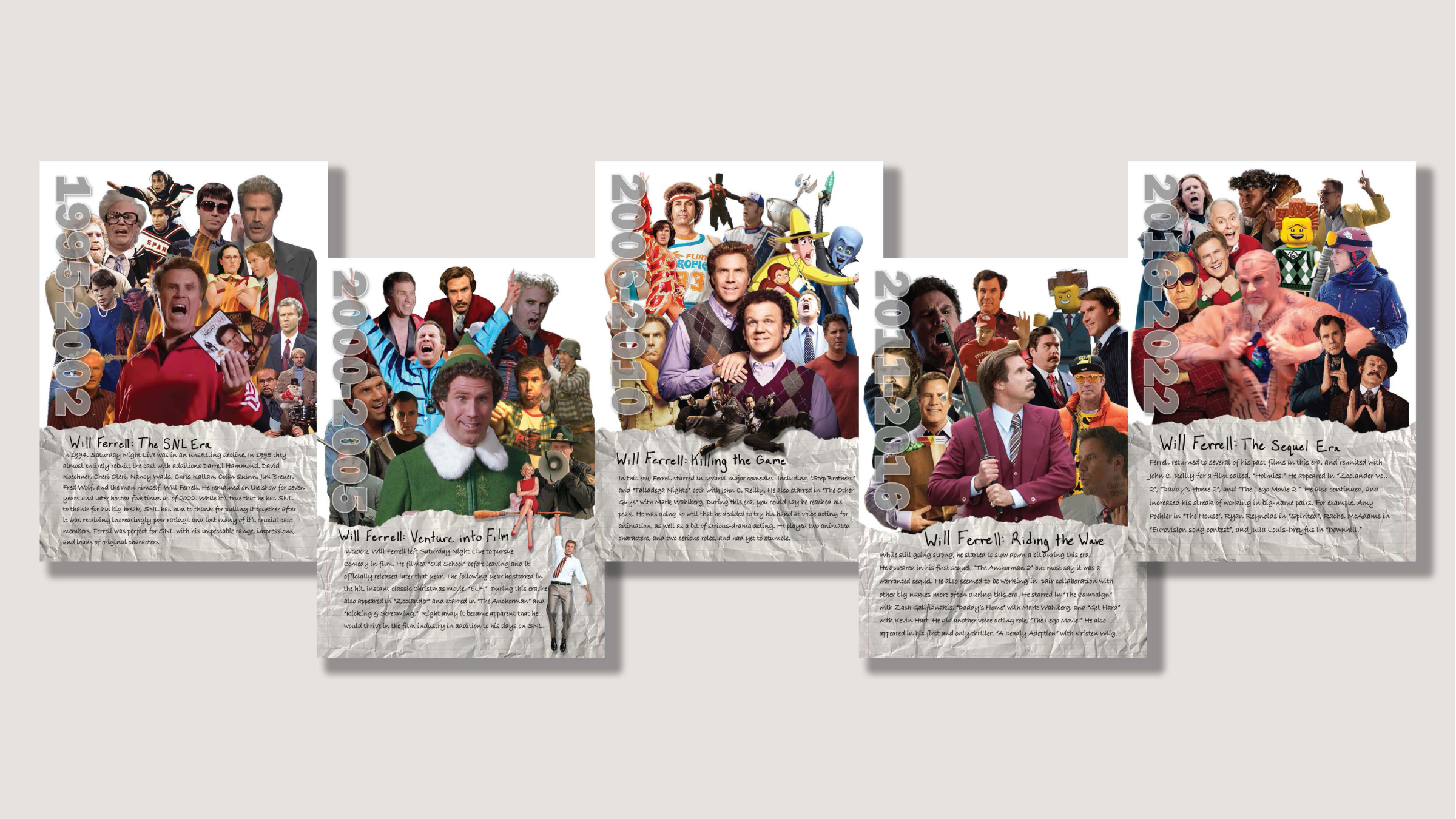 Five posters about Will Ferrell each showing a collage of cutout pictures of each of all his characters