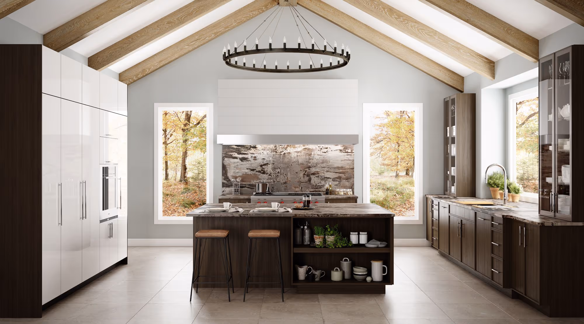 Modern kitchen with wood beams, a large island featuring stools and open shelving, dark wood cabinets, marble countertops, and windows showing autumn trees outside.