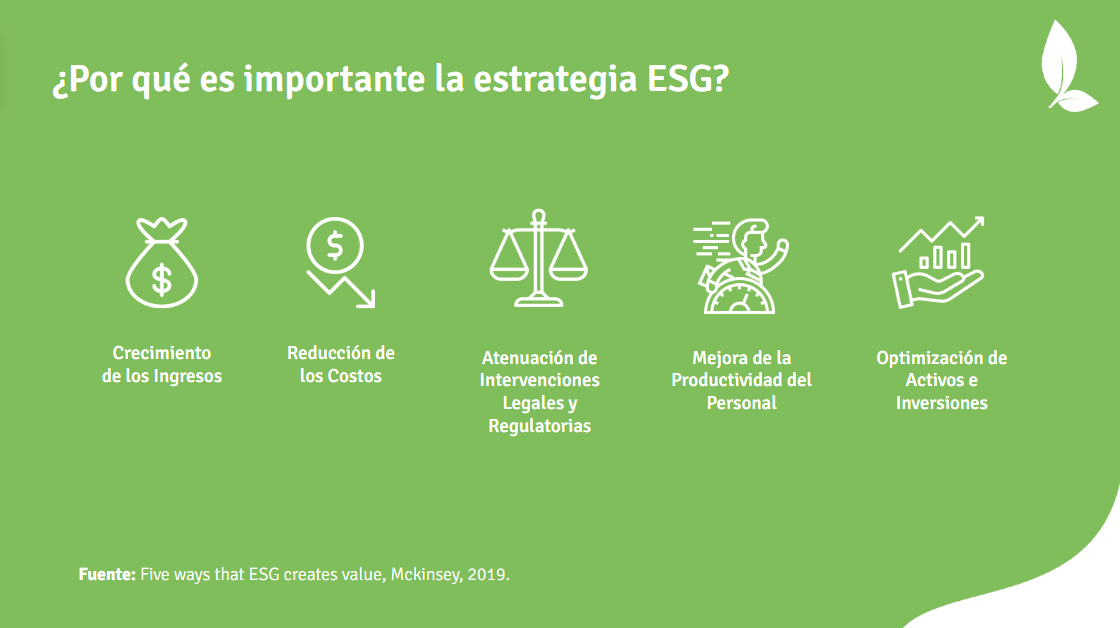 Gráfico con fondo verde titulado ¿Por qué es importante la estrategia ESG? con cinco iconos y textos: crecimiento de los ingresos, reducción de los costos, atenuación de intervenciones legales y regulatorias, mejora de la productividad del personal, optimización de activos e inversiones.