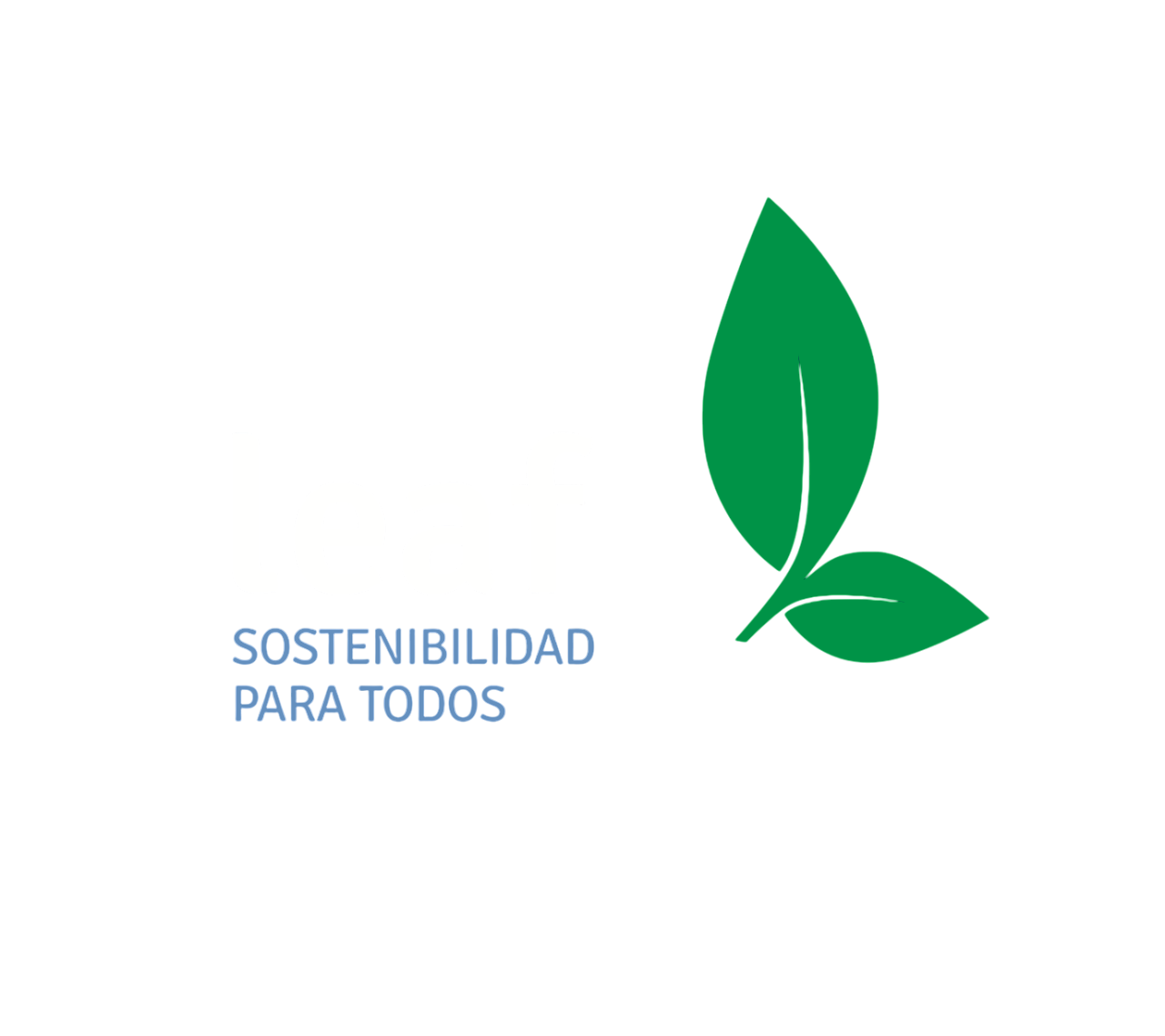 Logo with the word 'leaf' in white and text 'Sostenibilidad para todos' in blue next to two green leaves.