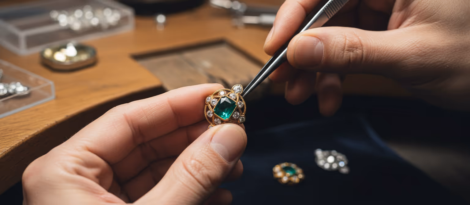 Primer plano de una joya en oro amarillo con diamantes y una esmeralda siendo trabajada por un joyero en un atelier