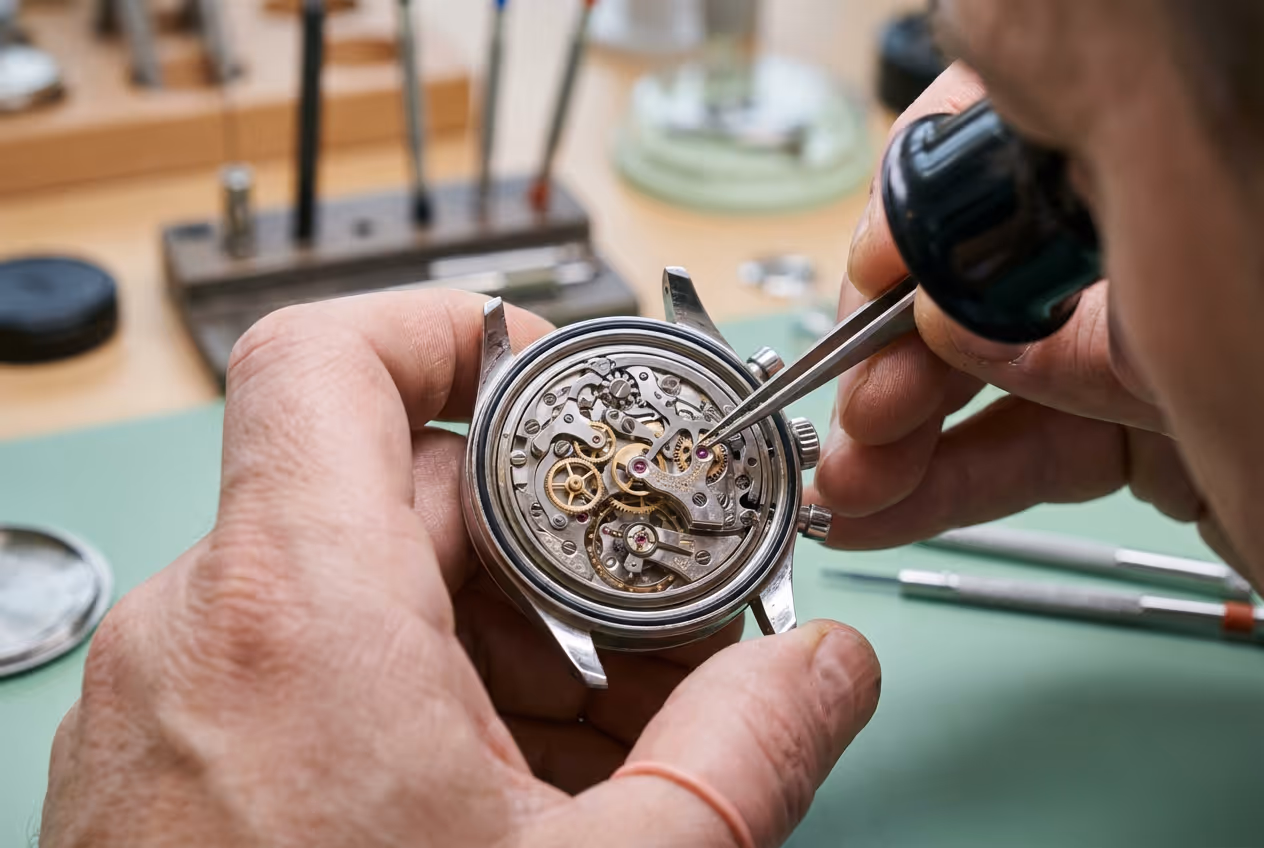 Un relojero trabajando en la maquina de un reloj