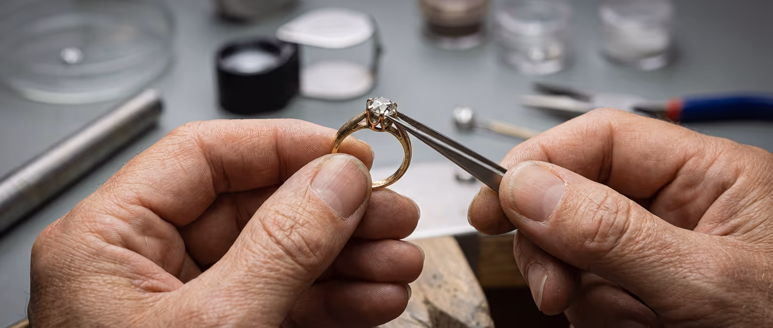 Un joyero trabajando en un anillo de compromiso de oro y diamante