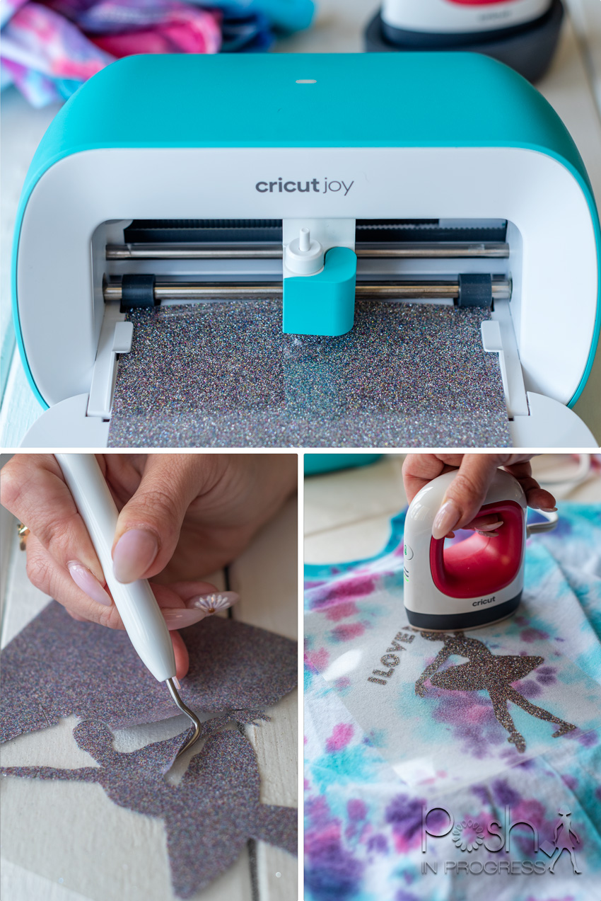 Custom tie dye shirts by popular LA fashion blog, Posh in Progress: image of a woman using a Cricut Joy. 