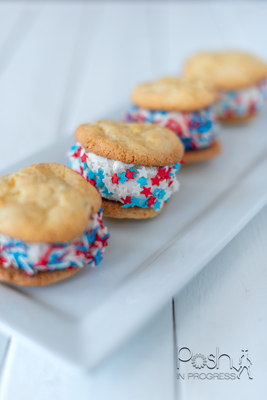 Apple Pie Cookies by popular LA lifestyle blog, Posh in Progress: image of Apple Pie ice cream sandwich cookies with red, white and blue star sprinkles on a white rectangular ceramic plate. 